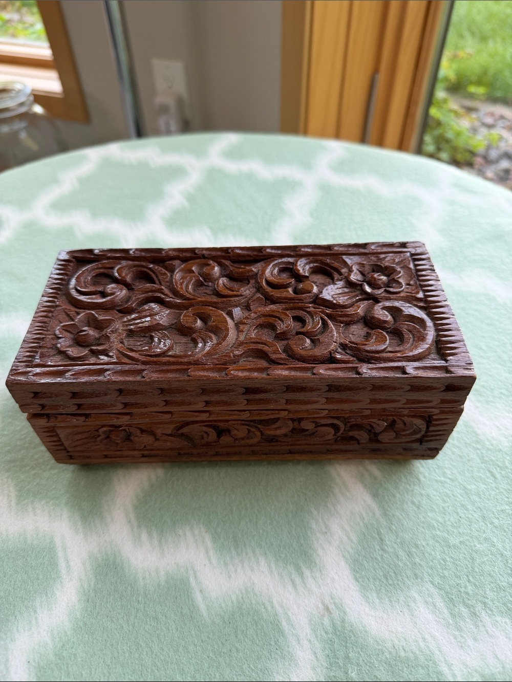Hand-Carved Vintage Wooden Jewelry Box with Floral and Scrollwork - Brown